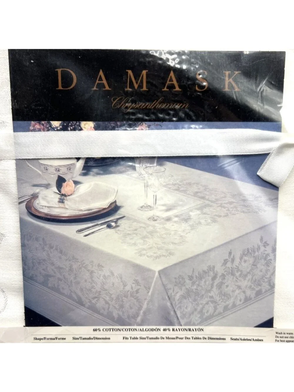Kemp & Beatley Damask Tablecloth Chrysanthemum White Round 68 Inches